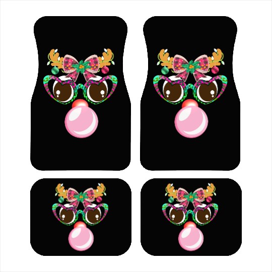 Reindeer face Blowing Bubble coquette bow Xmas Car Mats