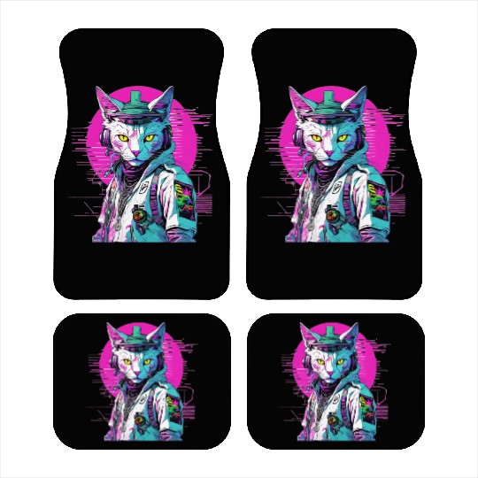 Neon Cyberpunk Warrior Cat Car Mats