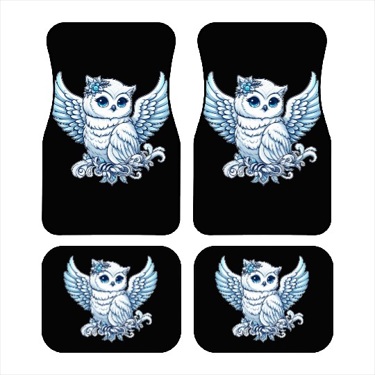 Cute snowy owl blue eyes angel wings cartoon Car Mats