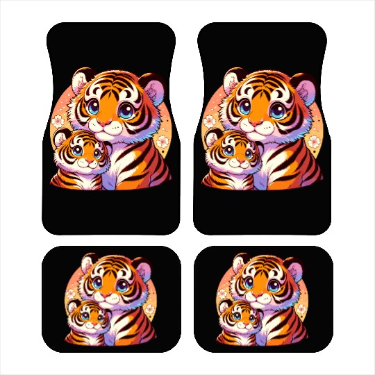 Cute Tiger Mom and Cub Illustration with Flowers Car Mats