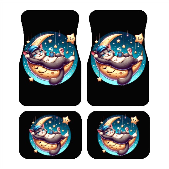 Cute Cat Relaxing on Moon with Stars and Coffee Car Mats
