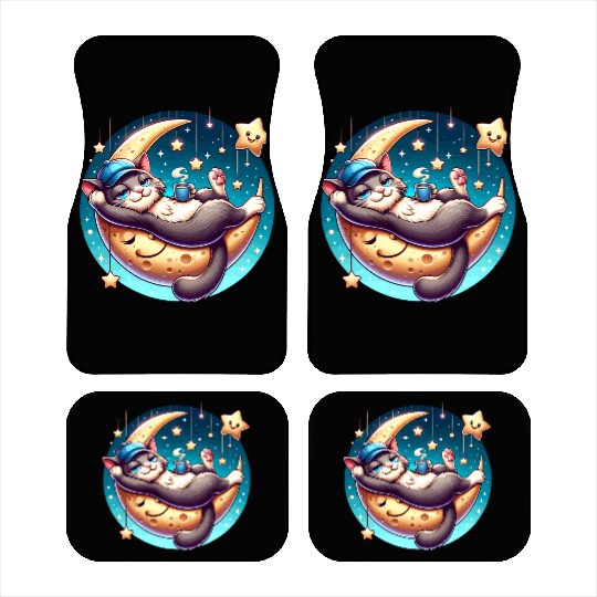 Cute Cat Relaxing on Moon with Stars and Coffee Car Mats