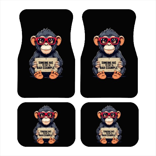 Playful Chimpanzee with Sunglasses and Humorous Car Mats
