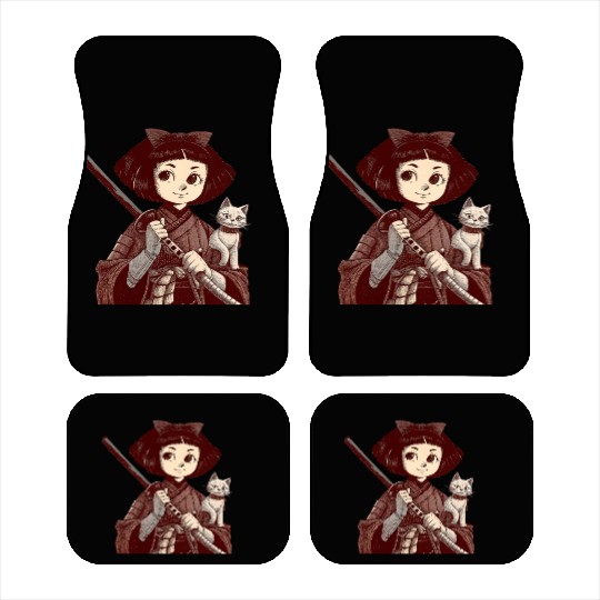 Chibi Samurai Warrior Cat Companion & Blossoms Car Mats
