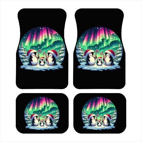 Penguin Family Christmas under the Aurora Car Mats