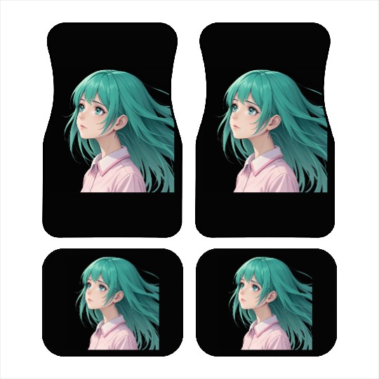 Teal Tresses: A Vision of Anime Serenity and Wonde Car Mats
