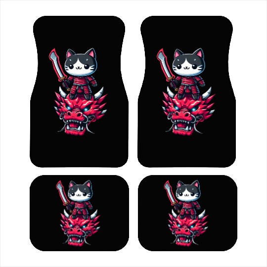 Samurai Cat with Sword on Dragon in Epic 3D Effect Car Mats