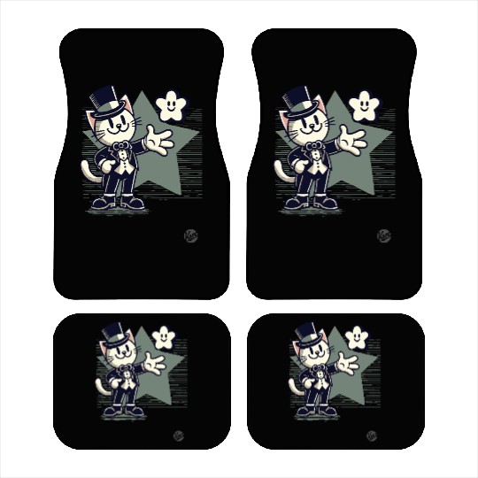 Happy Retro Cartoon Cat in Tuxedo with Star Car Mats