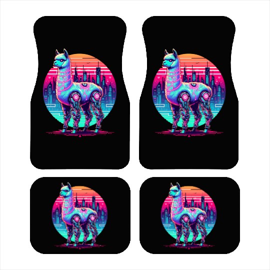 Futuristic Cyber Llama in Neon Cityscape Car Mats