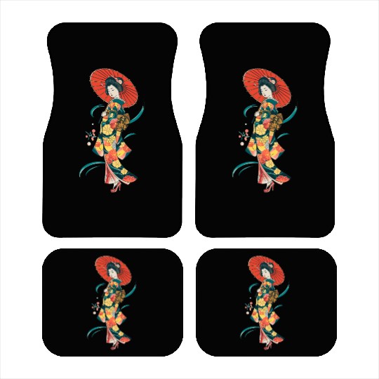 Elegant Geisha with Red Parasol and Floral Kimono Car Mats