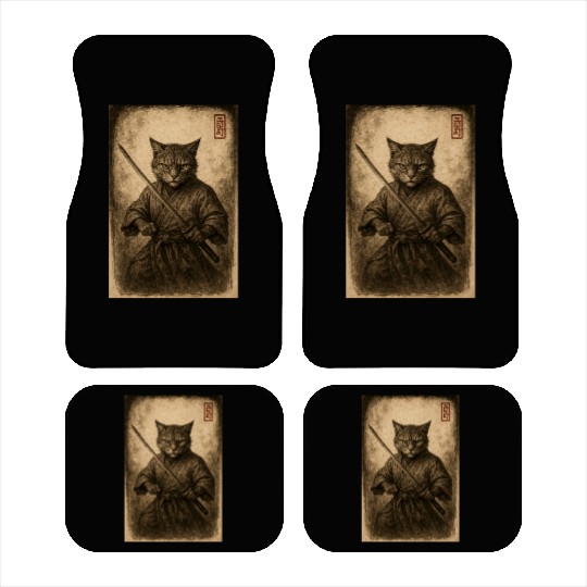 Samurai Cat in Vintage Style Car Mats