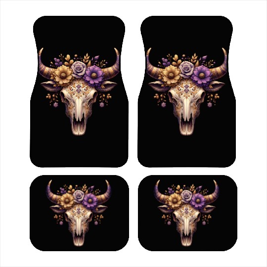 Boho Bull Skull with Floral – Western Bohemian Car Mats