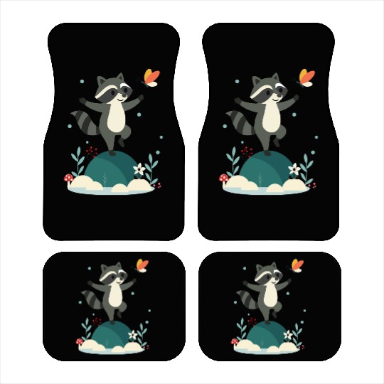 Playful Dancing Raccoon with Butterfly Car Mats