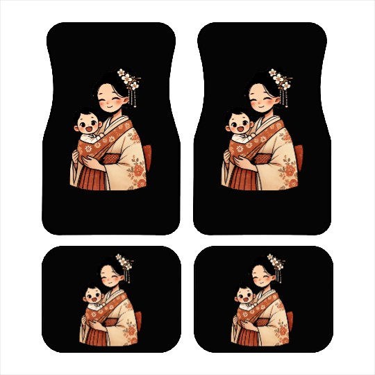 Elegant Asian Woman in Kimono Holding Baby Car Mats