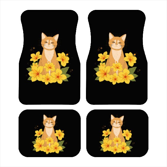 Orange Cat Surrounded by Yellow Hibiscus Flowers Car Mats