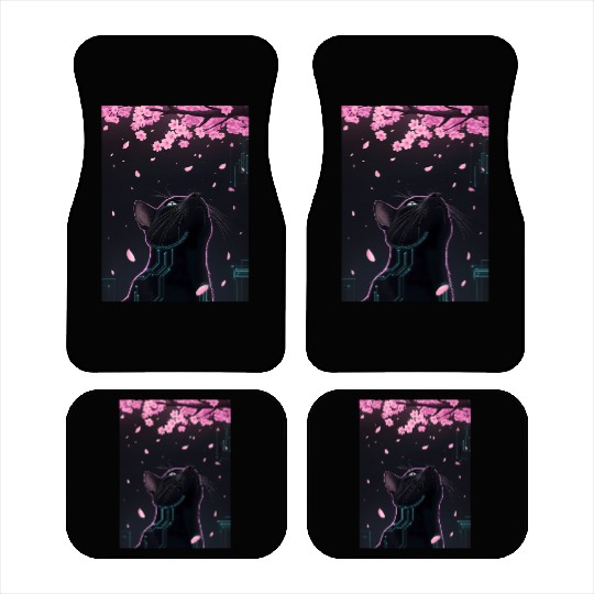 Cyber Cat Blossom Gaze | Noir Futuristic Feline Car Mats
