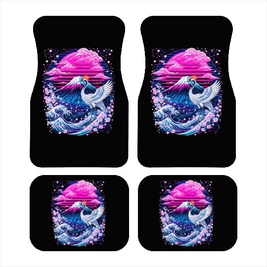 Neon Sakura Crane & Mount Fuji Scene Car Mats