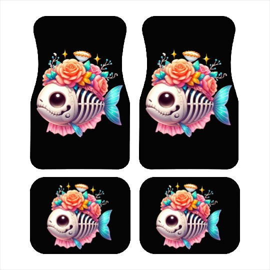 Whimsical Skull Fish with Floral Crown Car Mats