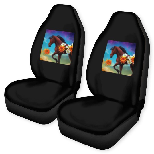 Brown horse with orange white flowers drawing Car Seat Covers