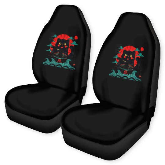 Kawaii Black Cat Eating Ramen Noodles Japanese Car Seat Covers