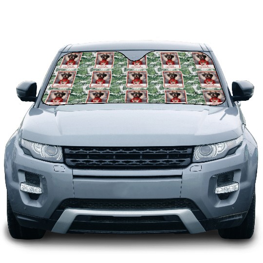 Miniature Black Schnauzer in a Christmas sweater. Car Sun Shades