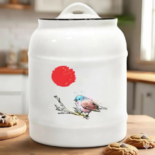 Murakami Birds Red Moon Japenese Ceramic Cookie Jars