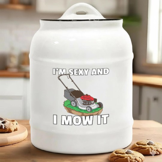 lawn mowing lawn mower garden gardener Ceramic Cookie Jars