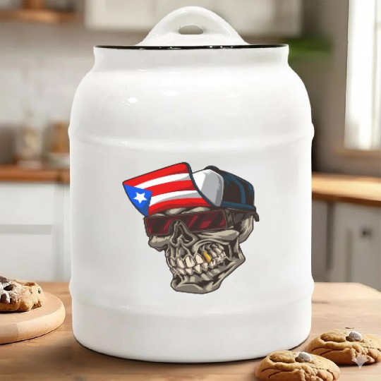 Cool Puerto Rico Skull With Cap and Boricua Flag Ceramic Cookie Jars