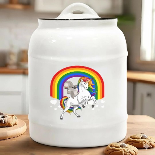 LGBT Koala Bear Riding Unicorn Gay Pride Rainbow Ceramic Cookie Jars