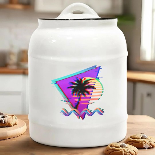 Vaporwave Palm Tree Sunset 90s Glitch Aesthetic Ceramic Cookie Jars