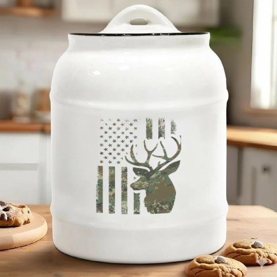 Camo American Flag Buck Hunting Gift For Elk Deer Ceramic Cookie Jars