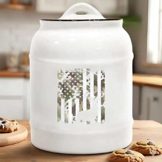 Camo American Flag Deer Hunter Hunting Ceramic Cookie Jars
