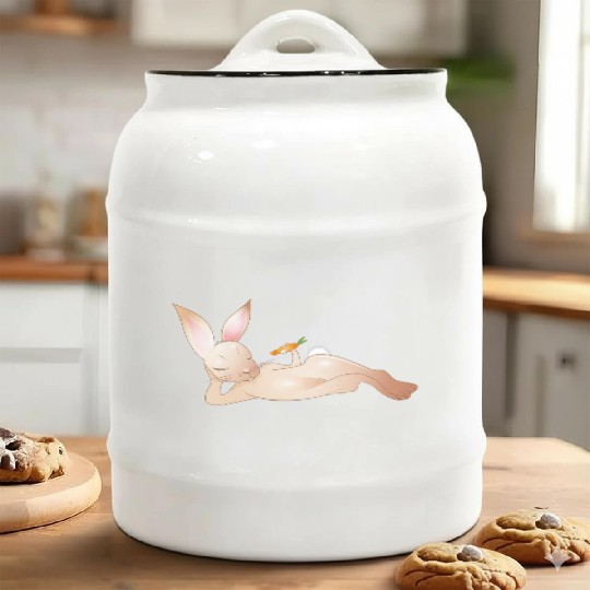 Relaxed rabbit with carrot is enjoying his life Ceramic Cookie Jars