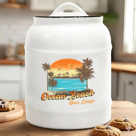 Ocean Beach San Diego Summer Vacation Sunset Palm Ceramic Cookie Jars