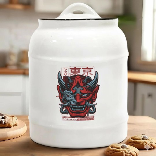 Japanese Cyber Oni Mask & Robot Hannya Mask Demon Ceramic Cookie Jars