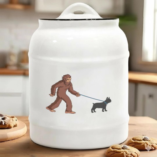 Bigfoot Sasquatch Walking French Bulldog Ceramic Cookie Jars