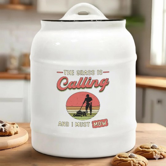 Lawn Mower The Grass Is Calling Garden Lawn Mowing Ceramic Cookie Jars