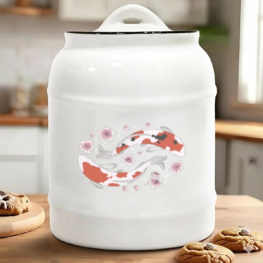 Japanese Koi Fish and Cherry Blossom Ceramic Cookie Jars