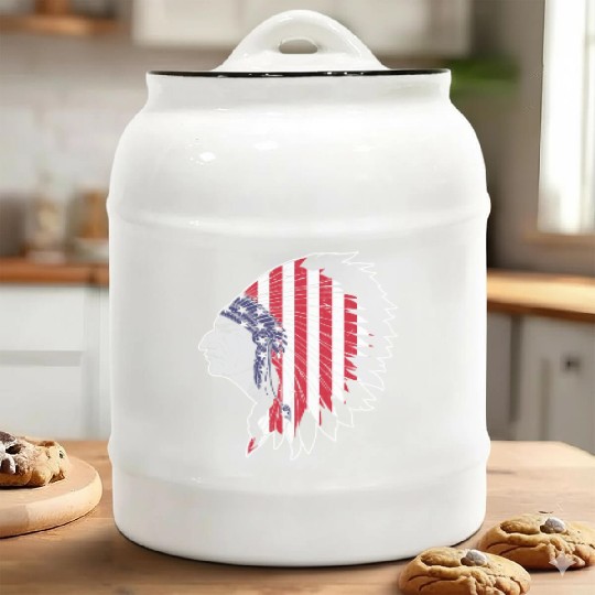 US Flag Native American Chief Traditional Indian Ceramic Cookie Jars