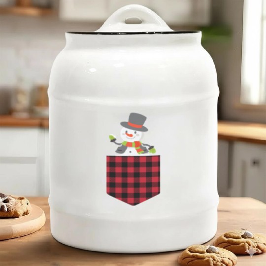 Christmas Cute Snowman In Buffalo Plaid Pocket Ceramic Cookie Jars