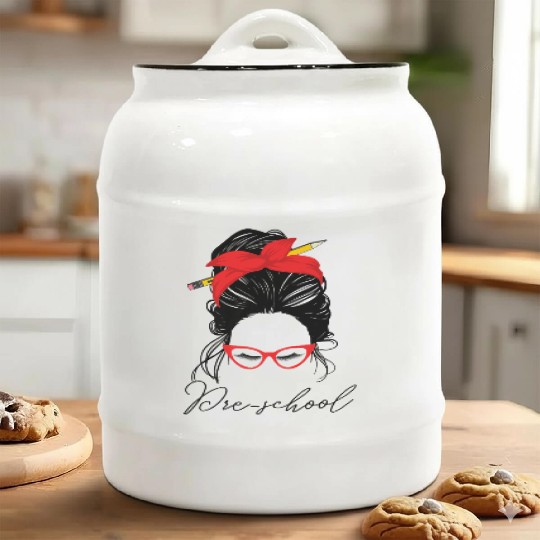 Preschool teacher messy bun women school Ceramic Cookie Jars