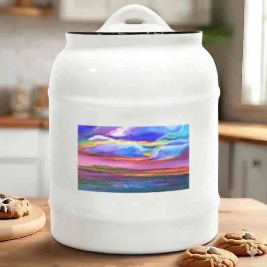 Colorful Sunset Landscape Painting Ceramic Cookie Jars