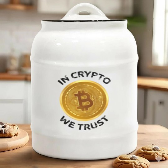In Crypto We Trust Large Bitcoin Coin Design Tradi Ceramic Cookie Jars