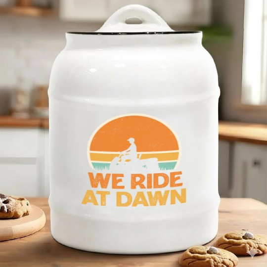 We Ride At Dawn Funny Lawn Mowing Worker Ceramic Cookie Jars