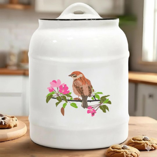 Sparrow on a branch pink flowers of an apple tree Ceramic Cookie Jars