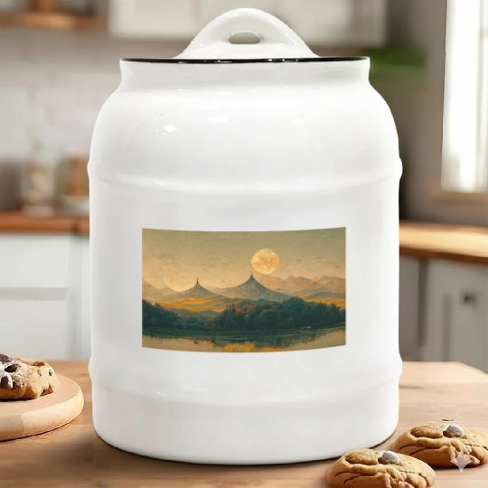 Golden Mountains Asia Landscape Painting Ceramic Cookie Jars