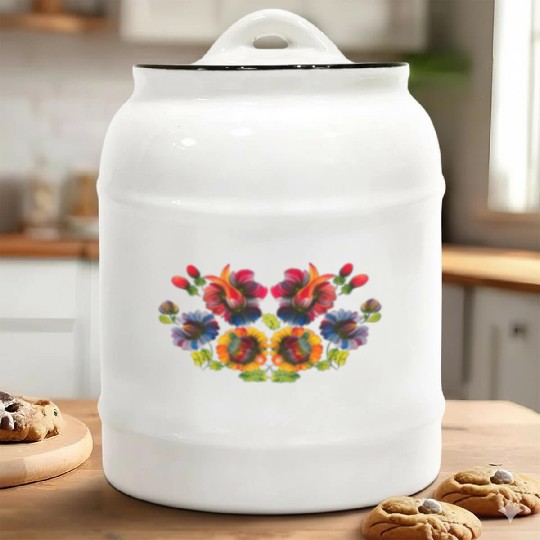 Slavic colorful flowers. Petrykivka painting Folk Ceramic Cookie Jars