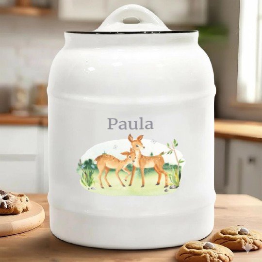 Forest Animal Deer Flowers Name Paula Ceramic Cookie Jars
