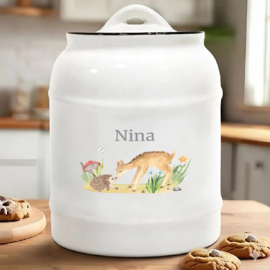 Forest Animal Deer Hedgehog Flowers Name Nina Ceramic Cookie Jars