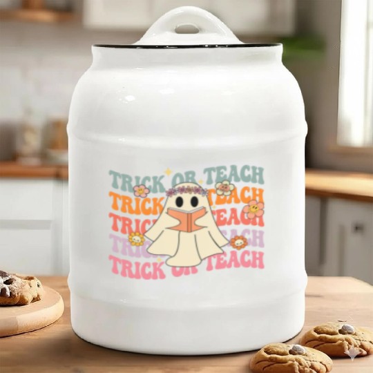 Groovy Trick or Teach Boo Ghost Pre-K Teacher Life Ceramic Cookie Jars
